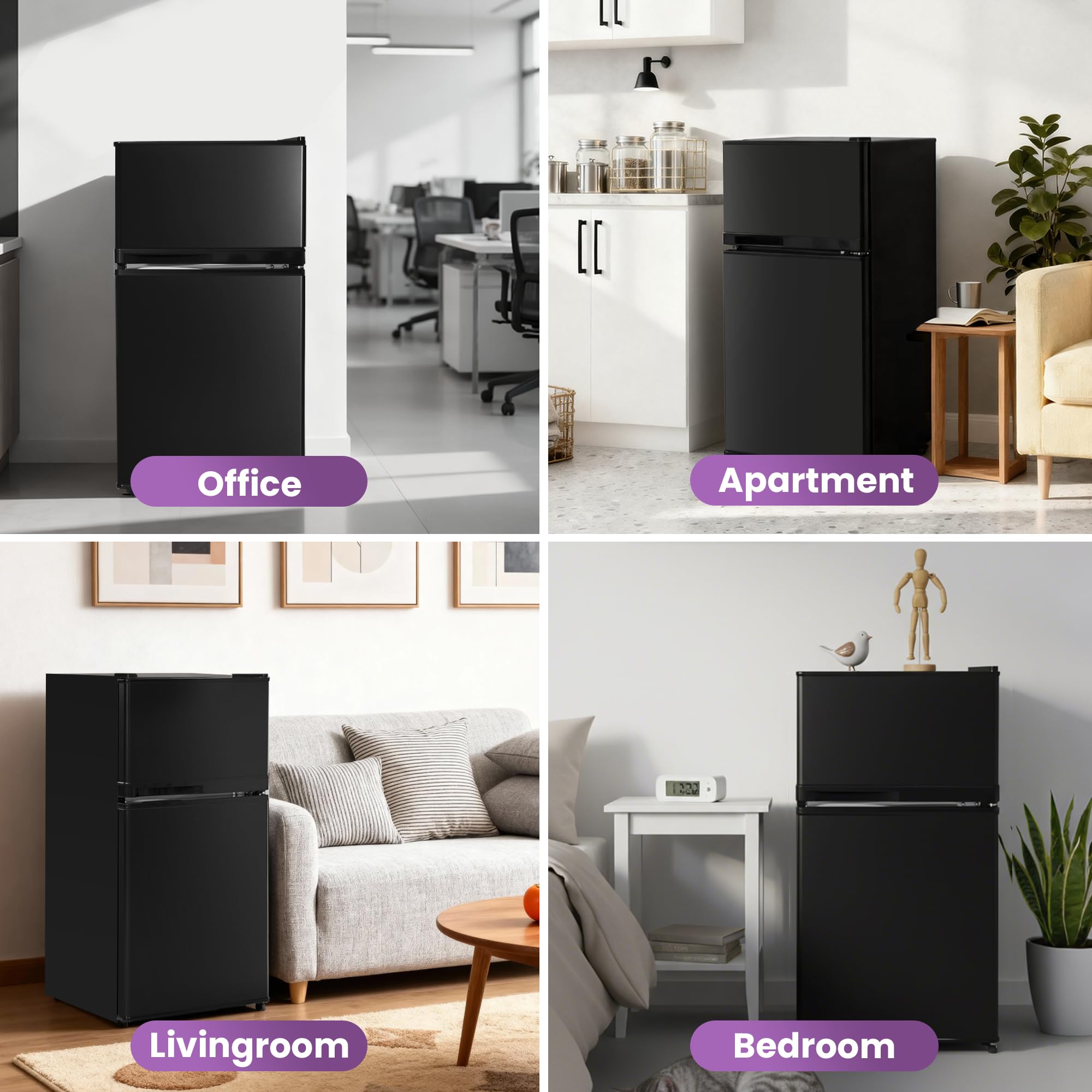 Tehanld 3.6 Cu.Ft Double Door Mini Fridge with Freezer, Compact Refrigerator with Removable Shelves, Low Noise Small Fridge for Dorm, Bedroom, Office and Apartment, Black