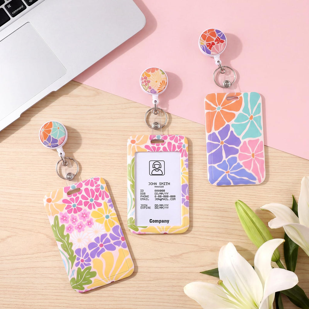 3 Set Badge Holder Retractable Reel Bloom ID Badge Holders with Clip Cute Name Badge Holders for Teacher Nurse Doctor Student Office Workers