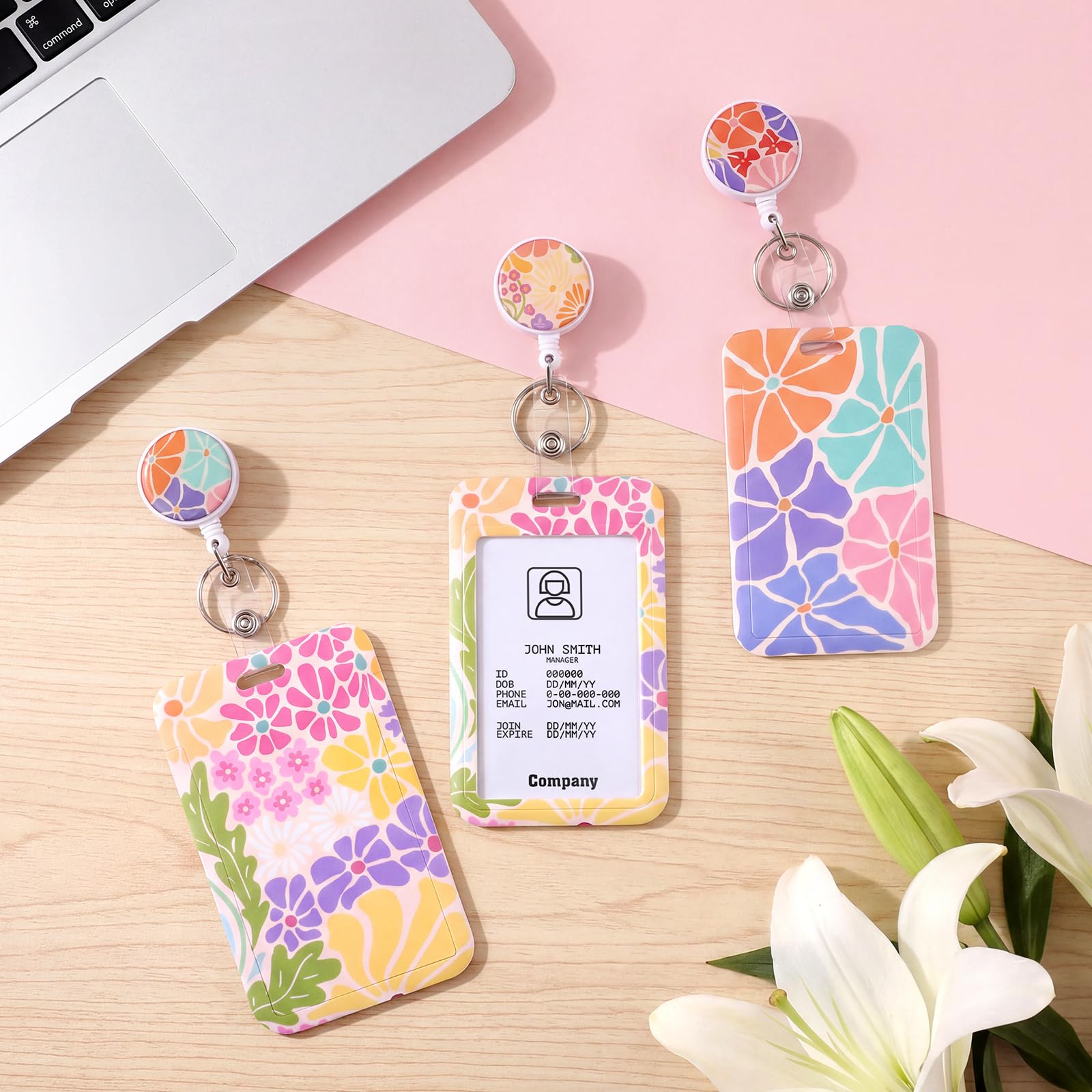 3 Set Badge Holder Retractable Reel Bloom ID Badge Holders with Clip Cute Name Badge Holders for Teacher Nurse Doctor Student Office Workers