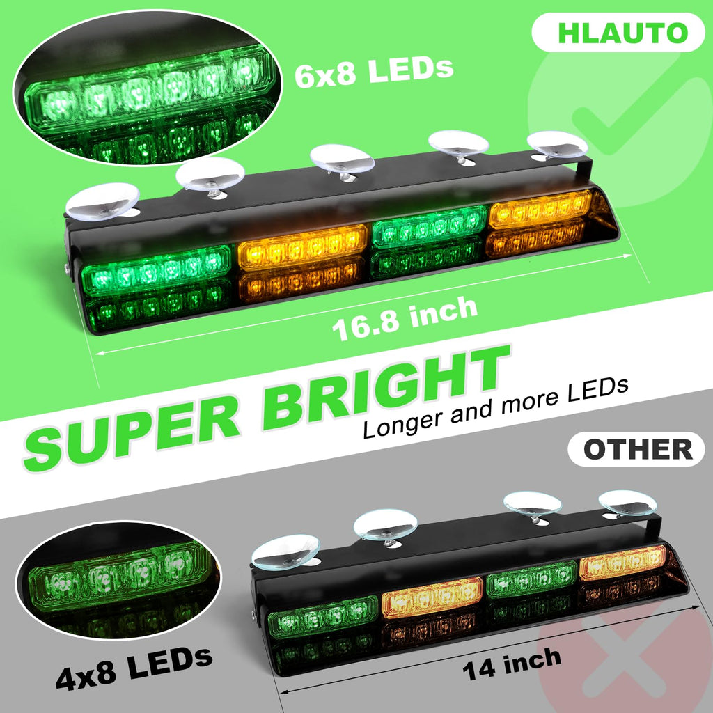 HLauto 604N Emergency Dash Strobe Lights: 2x16.8 inch Amber White Security Light w/Take Down, 48 LED Safety Flashing Warning Hazard Interior Windshield Light Bar for Truck Vehicle