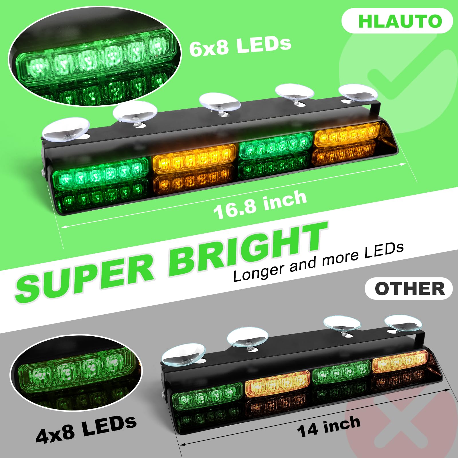 HLauto 604N Emergency Dash Strobe Lights: 2x16.8 inch Amber White Security Light w/Take Down, 48 LED Safety Flashing Warning Hazard Interior Windshield Light Bar for Truck Vehicle
