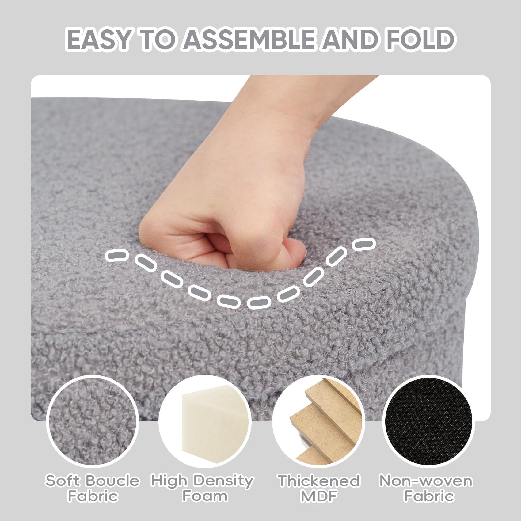 PINPLUS Round Storage Ottoman Foot Rest Stool with Tray Velvet Sherpa Folding Storage Ottoman,Boucle Foot Rest for Living Room, Bedroom, Dorm（Beige）