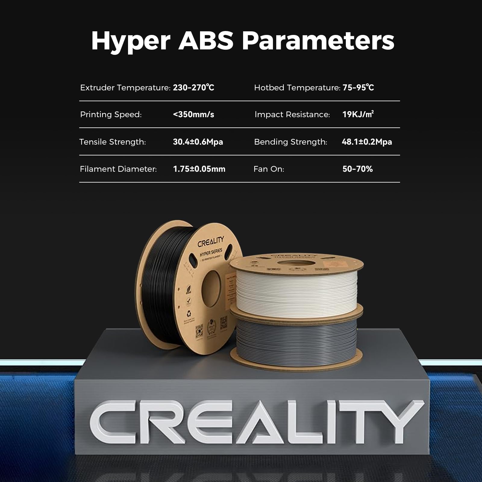 Creality Hyper ABS Filament, Official 3D Printer Filament ABS 1.75mm for Up to 300mm/s High-Speed Printing Convenient Open Printing Material, 1kg(2.2lbs) Spool Fit Most 3D Printer(Black)