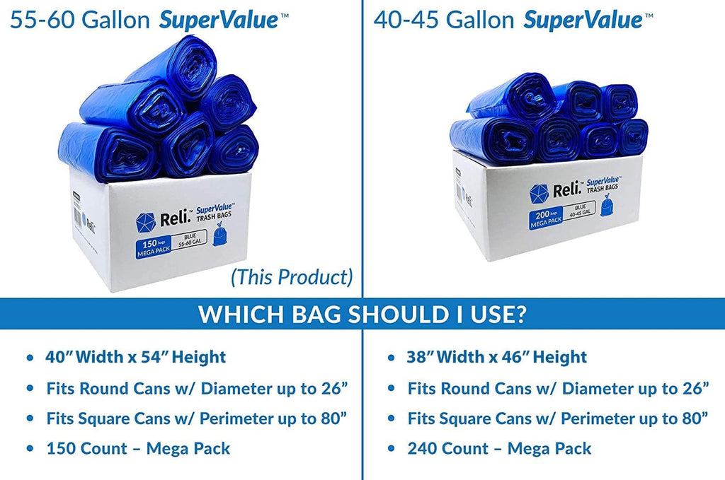 Reli. SuperValue 55-60 Gallon Recycling Bags | 150 Count | Blue Trash Bags | Made in the USA