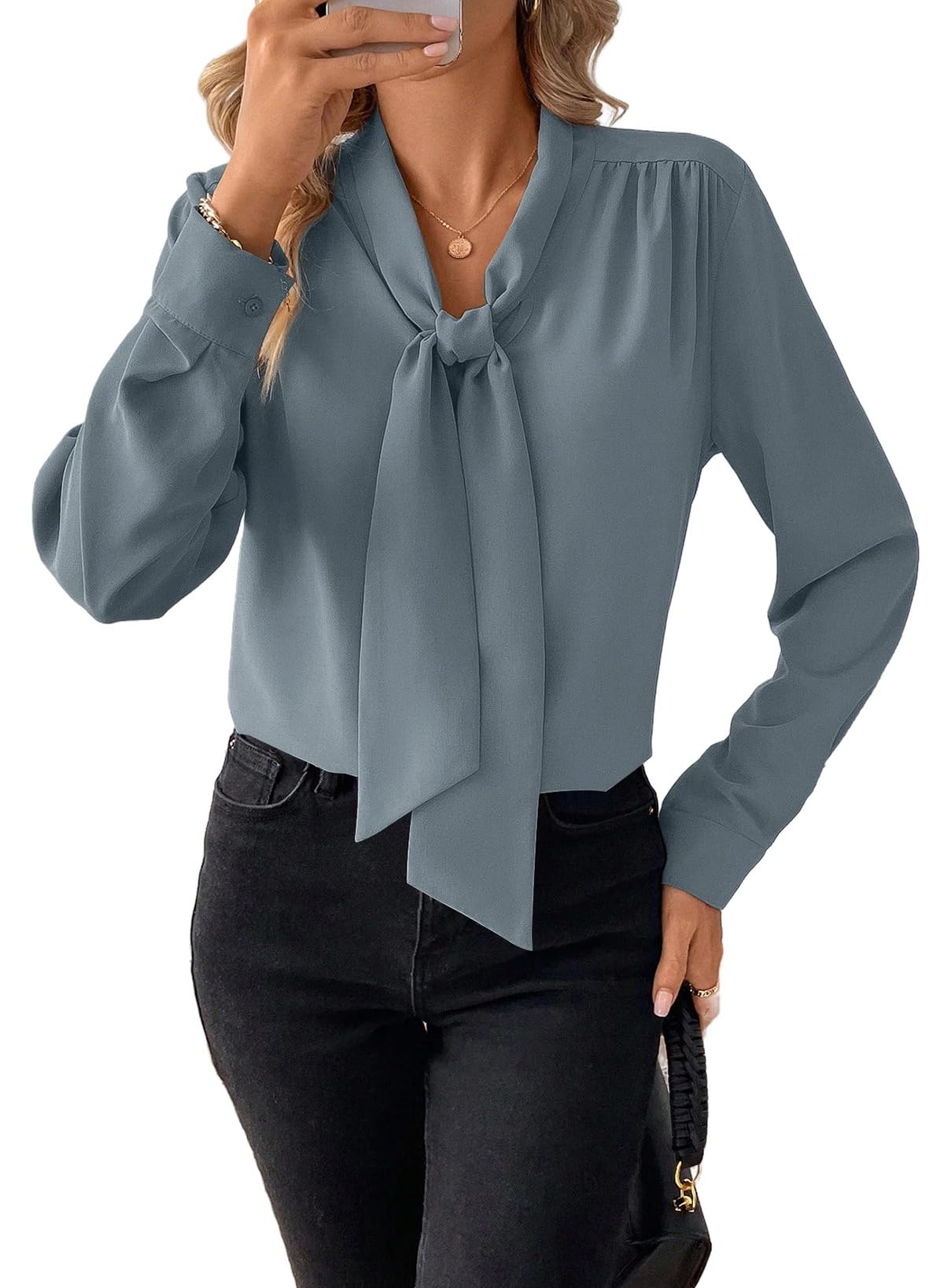 Astylish Women's Bow Tie Neck Tops 2026 Long Sleeve Dressy Loose Casual Elegant Business Work Blouses Shirts