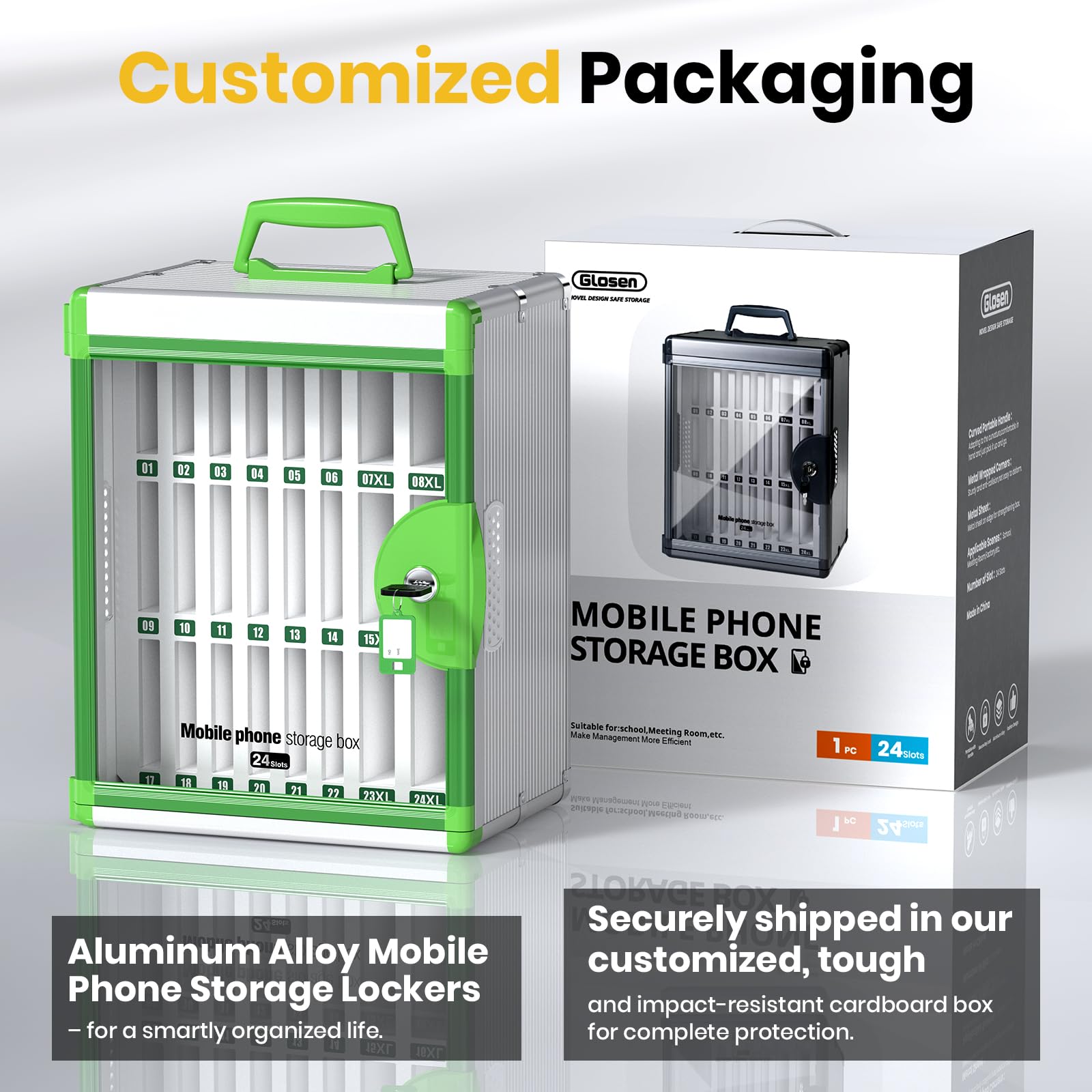 Glosen Cell Phone Locker 24 Slots, Portable Phone Storage Cabinet [Wall Mounted] [Silver 24 Slots-Universal Key ] Aluminum Alloy Cellphone Lock Box with Key & Handle for School Classroom Office Exam