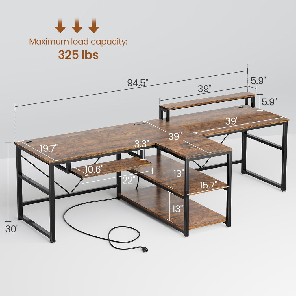 SEDETA 94.5" Office Computer Desk, 2 Person Gaming Desk with Storage, LED Lights, Keyboard Tray, Power Strip with USB & Monitor Stand, Long Two Person Desk for Home Office, Black