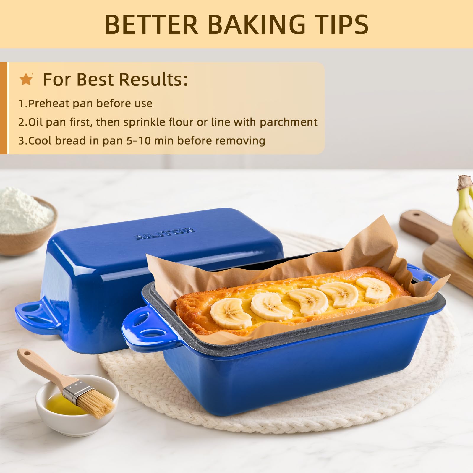 AILITOR 9x5 Enameled Cast Iron Loaf Pan with Lid - 2 in 1 Sourdough Bread Pan for Homemade Baking
