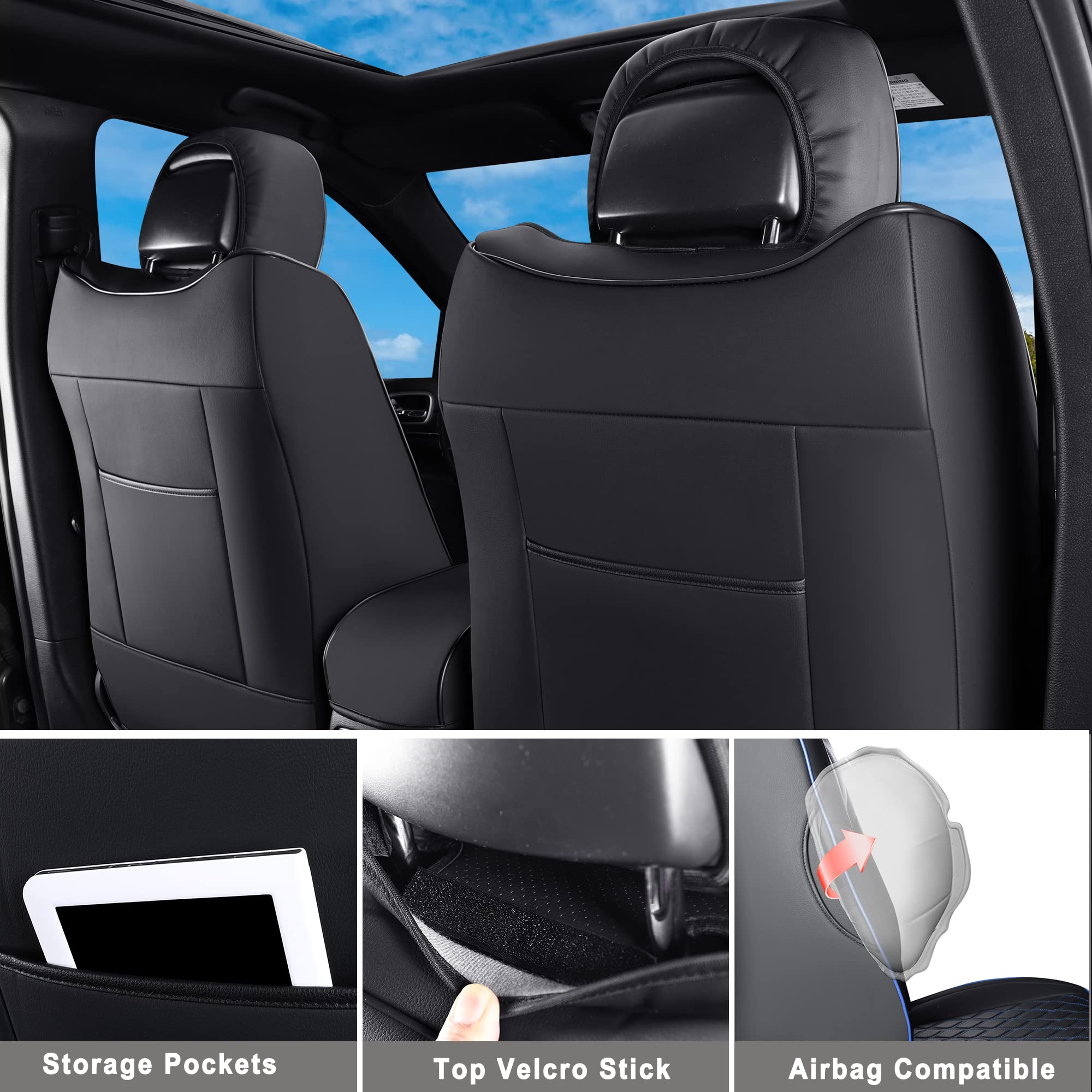 Huidasource Grand Cherokee Seat Covers, 2 Pieces Waterproof Leather Customized Car Seat Cushion Covers Protectors Compatible with Jeep Grand Cherokee 2011-2022 (2Pcs Front/Black)