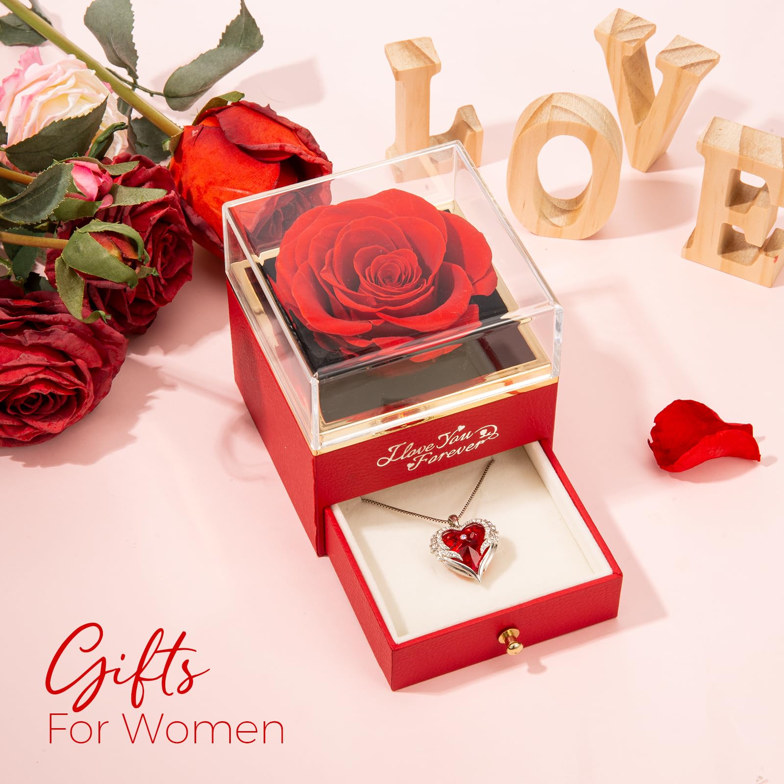 NEWNOVE Preserved Real Light Blue Rose with Angle Wings Necklace, Anniversary Birthday Gifts for Women Wife Girlfriend Mom Gift Ideas for Christmas Mothers Day Valentines Day, I Love You Gifts