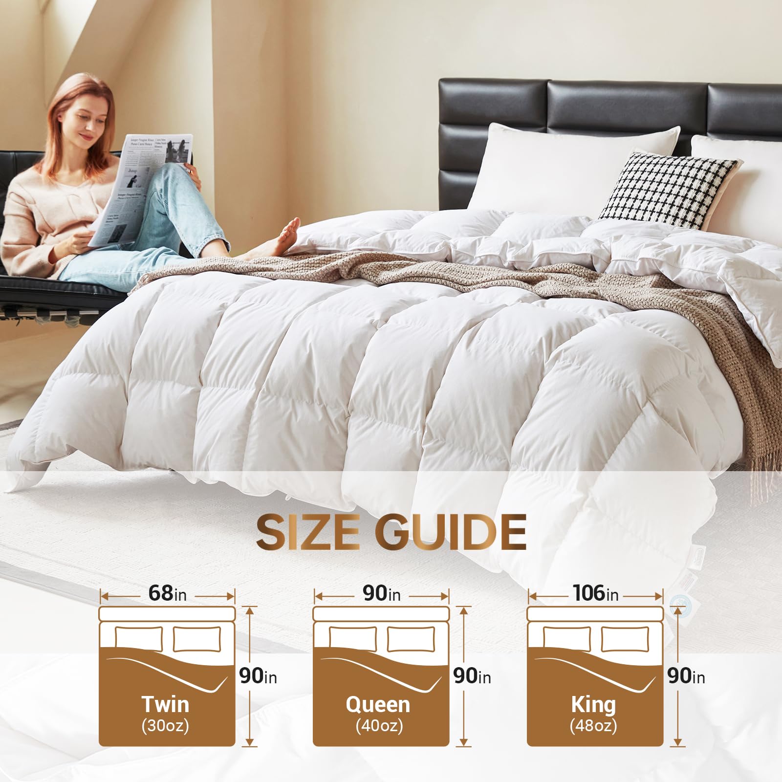 C&W Twin/Twin XL Down Comforter All Season, 750 Fill Power, Duvet Insert, 30oz Fill Weight, 100% Cotton Shell, Noiseless, Breathable, Lightweight, Machine Washable, Baffle Box, White (68"x90")