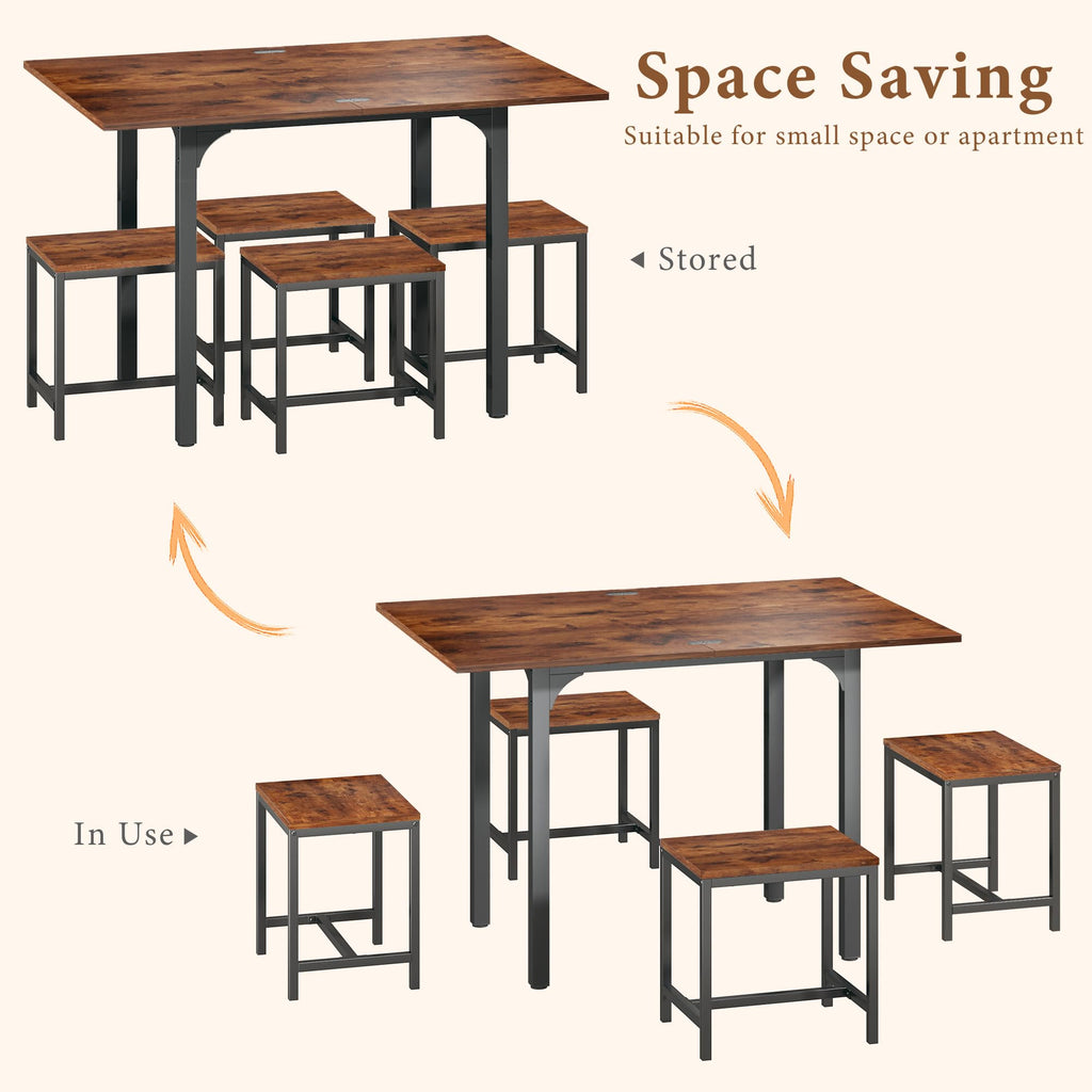HUAHUU Dining Table Set for 4, Extendable Kitchen Table Cushion Chairs Set of 4, Rectangle Dining Table with Metal Frame & MDF Board, Folding for Small Apartment Saving Space, Black