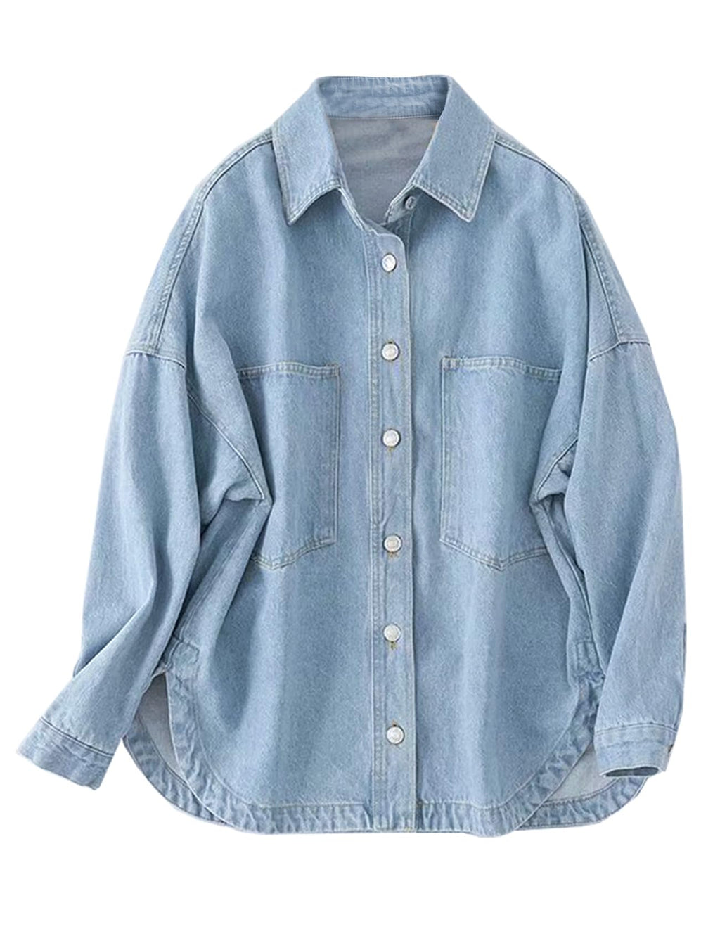 LifeShe Women Denim Shirt Jean Jacket Oversize Button Down Shirt Long Sleeve Jean Tops Trendy Shackets