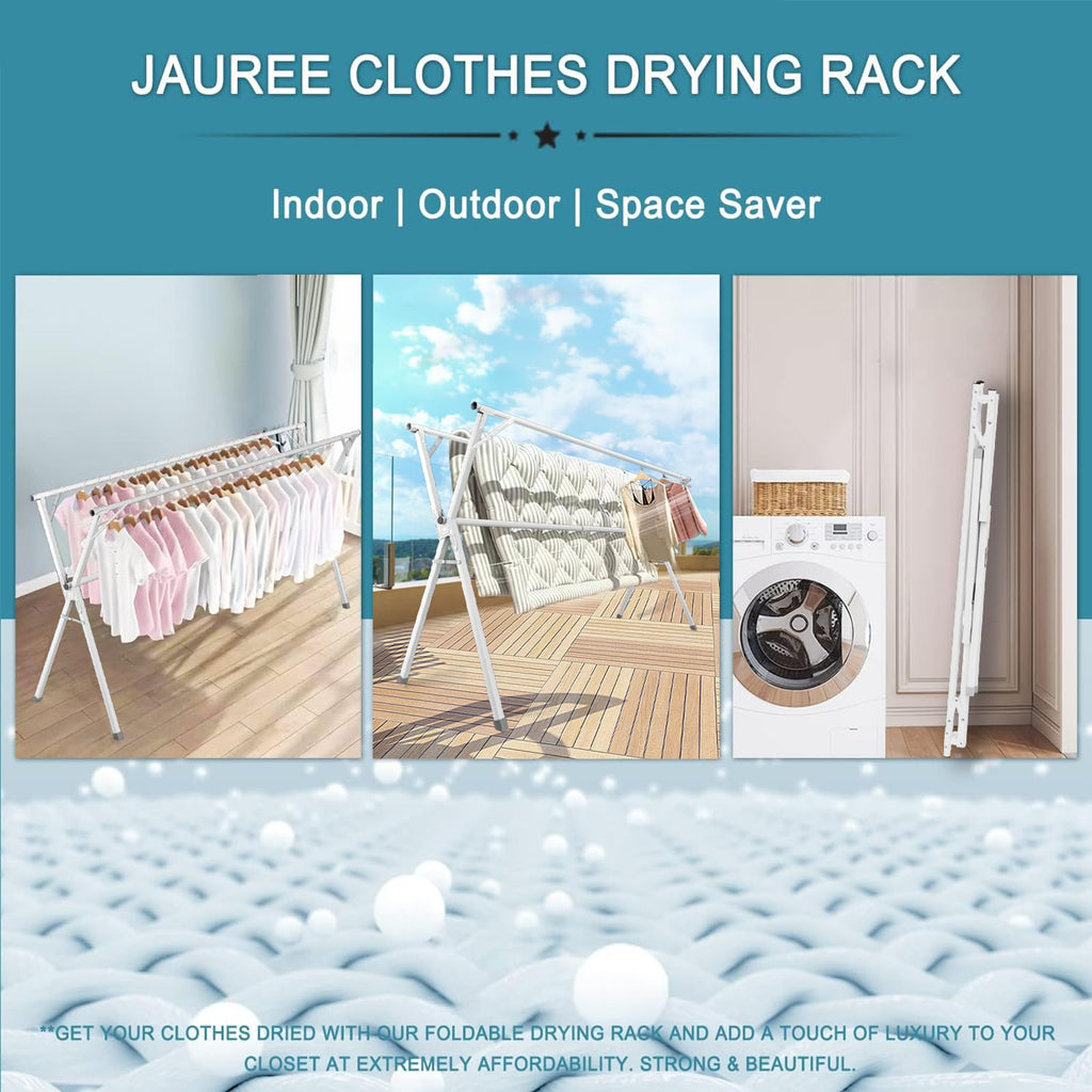 JAUREE 95 Inches Clothes Drying Rack, Drying Rack Clothing Folding Indoor Outdoor, Heavy Duty Stainless Steel Laundry Drying Rack, Foldable Portable Clothes Rack Garment Rack with 20 Hooks Black