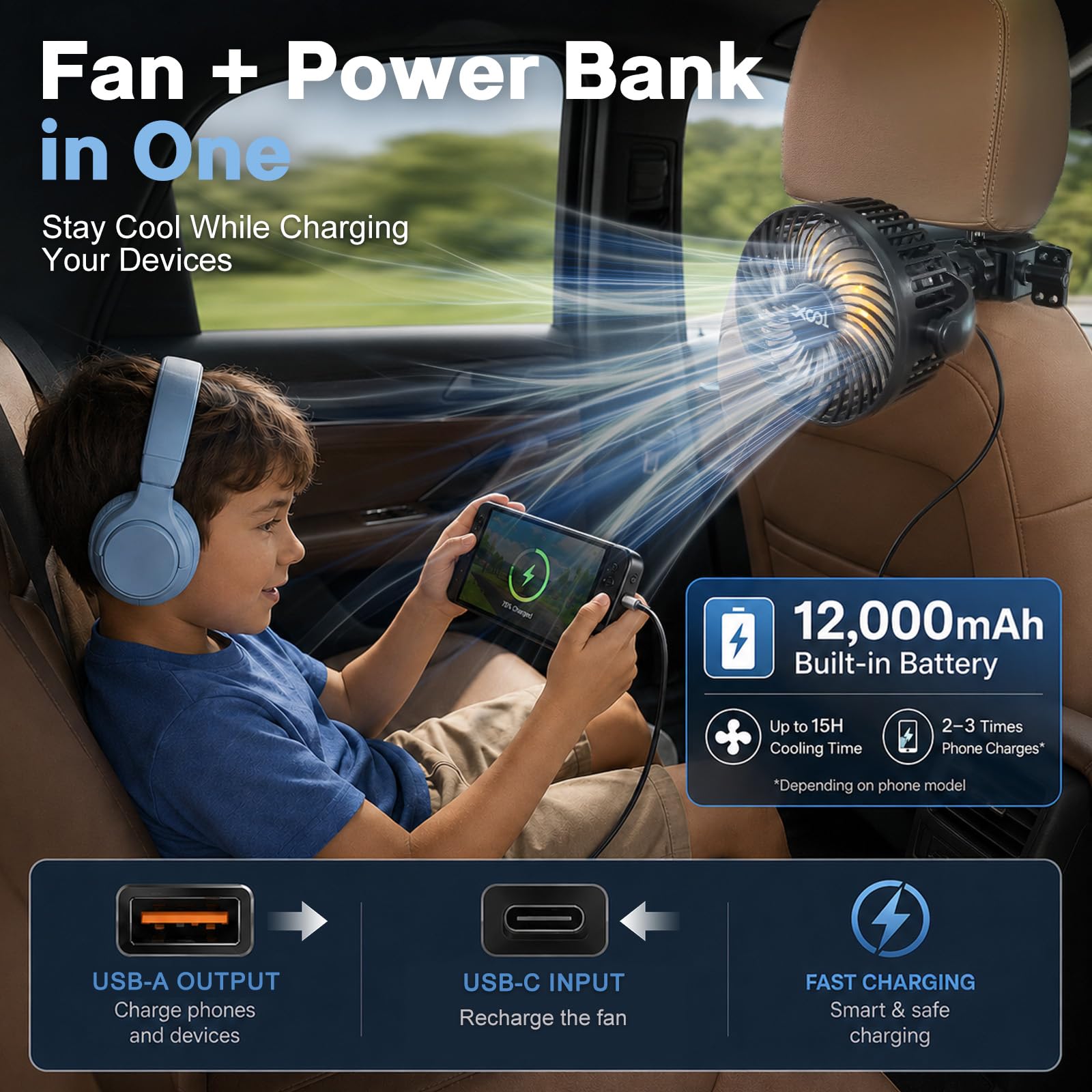 XOOL Clip Car Fan, 9 Inches 12V/24V Fan, 360° Rotatable Electric Cooling Clip on Fan with Stepless Speed Regulation for SUV, RV, Truck