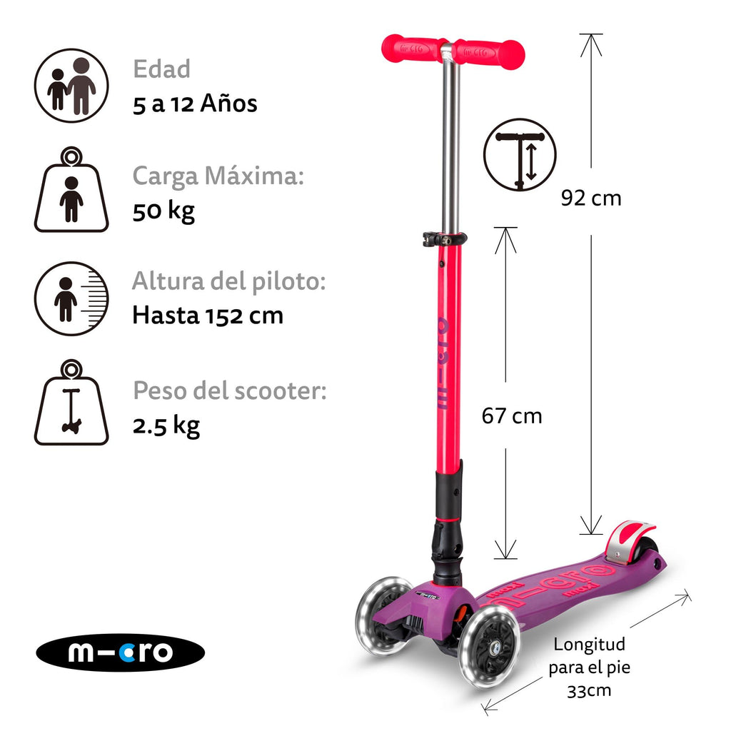 Micro Kickboard | Maxi Foldable LED Kids Scooter for Ages 5-12 | Children up to 110 lbs | 3 Wheel Lean-to-Steer Design | Adjustable T Bar | Smooth Ride, Motion Activated PU LED Wheels | Swiss Design
