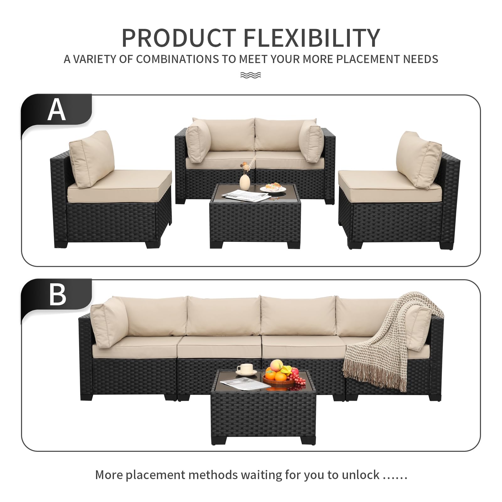 WAROOM Outdoor 5 Piece Patio Furniture Set, Black Rattan Conversation Couch Resin Wicker Sectional Sofa Outside Chair with Coffee Table, Grey Cushion