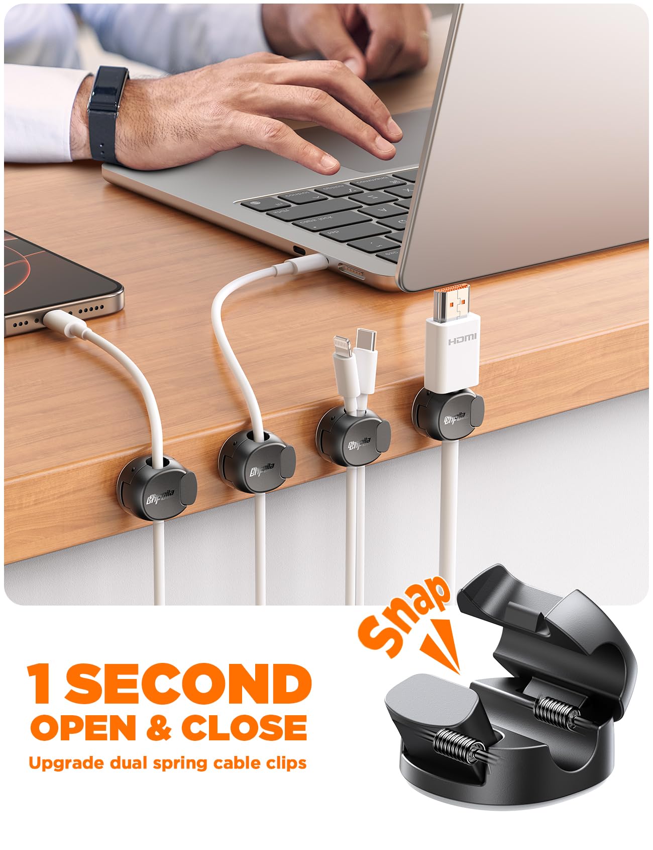 Cable Clips - Chfeila Latest Dual Spring Cord Organizer with Clasp Lock, 6Pack [Max Stability] Desk Cable Management, Adhesive Phone Charging Wire Holder for Nightstand/Car/Wall, Office Accessory