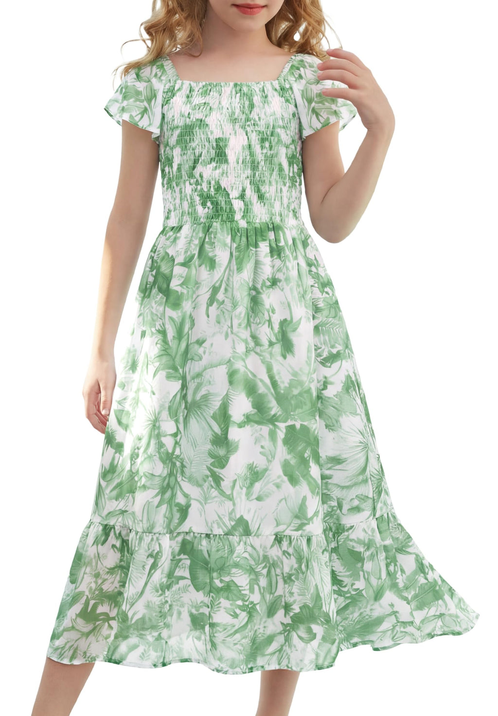 GRACE KARIN Girls Flutter Sleeve Floral Dresses Girl Long Midi Spring Dress Kids Smocked Flare Summer Dress 6-16Y