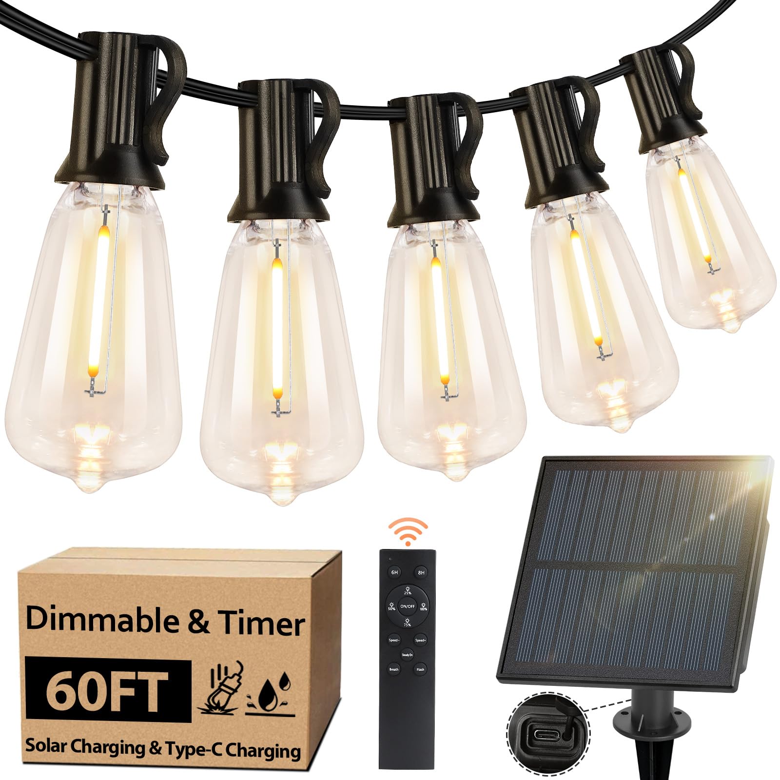 50 FT Solar String Lights for Outside, Solar Powered Outdoor String Lights with 26 Shatterproof Edison Bulbs, Dimmable Patio Lights Waterproof with Remote Timer for Wedding Backyard(Warm White)