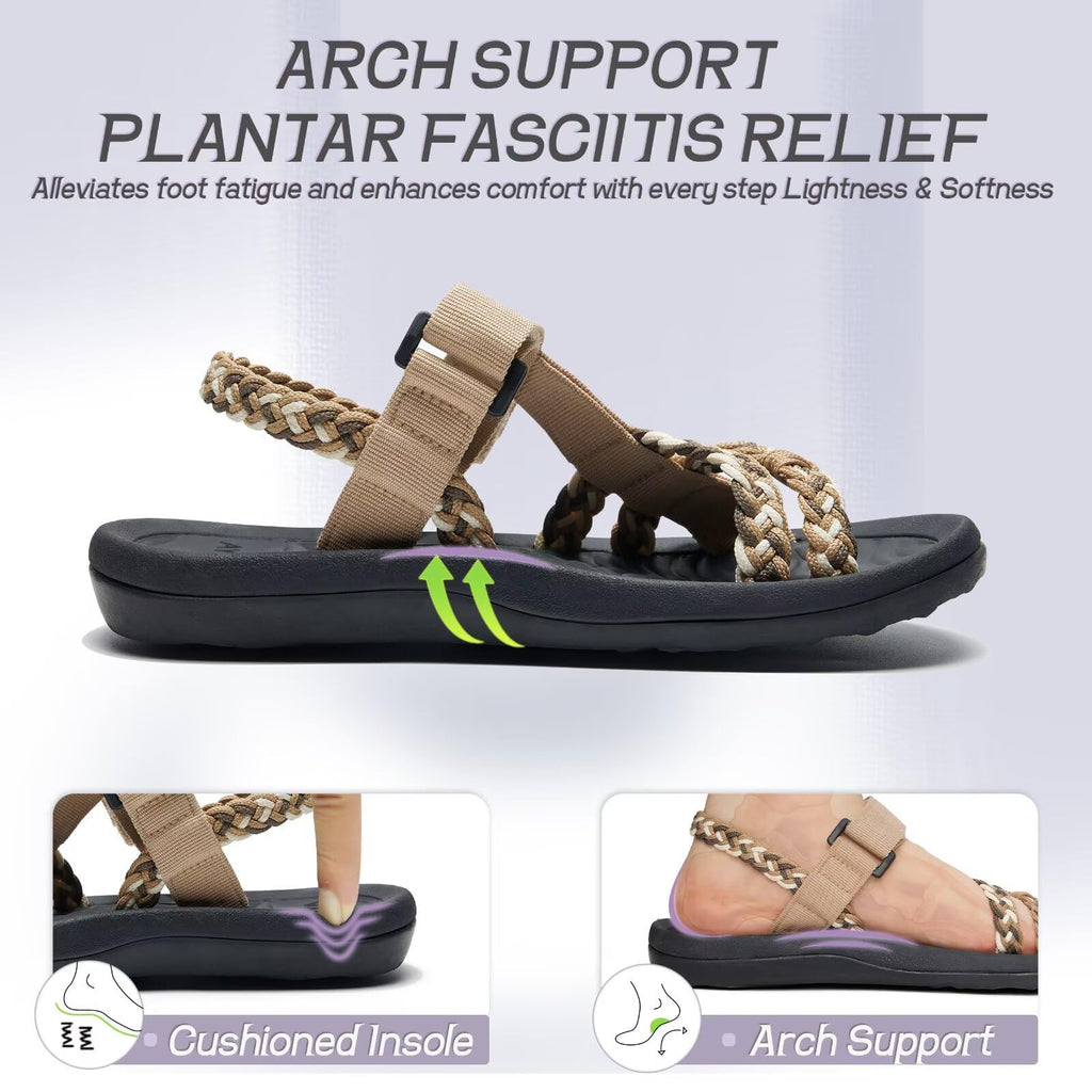 MEGNYA Hiking Sandals for Womens, Comfortable Walking Flip Flop Sandals with Arch Support, Athletic Sandals with Hook and Loop Straps for Beach Vacation Adventure