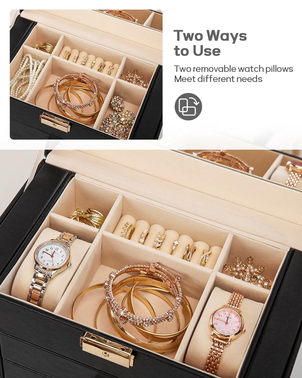 Homde Mothers Day Gifts Synthetic Leather Huge Jewelry Box Mirrored Watch Organizer Necklace Ring Earring Storage Lockable Gift Case (Black + Gold)