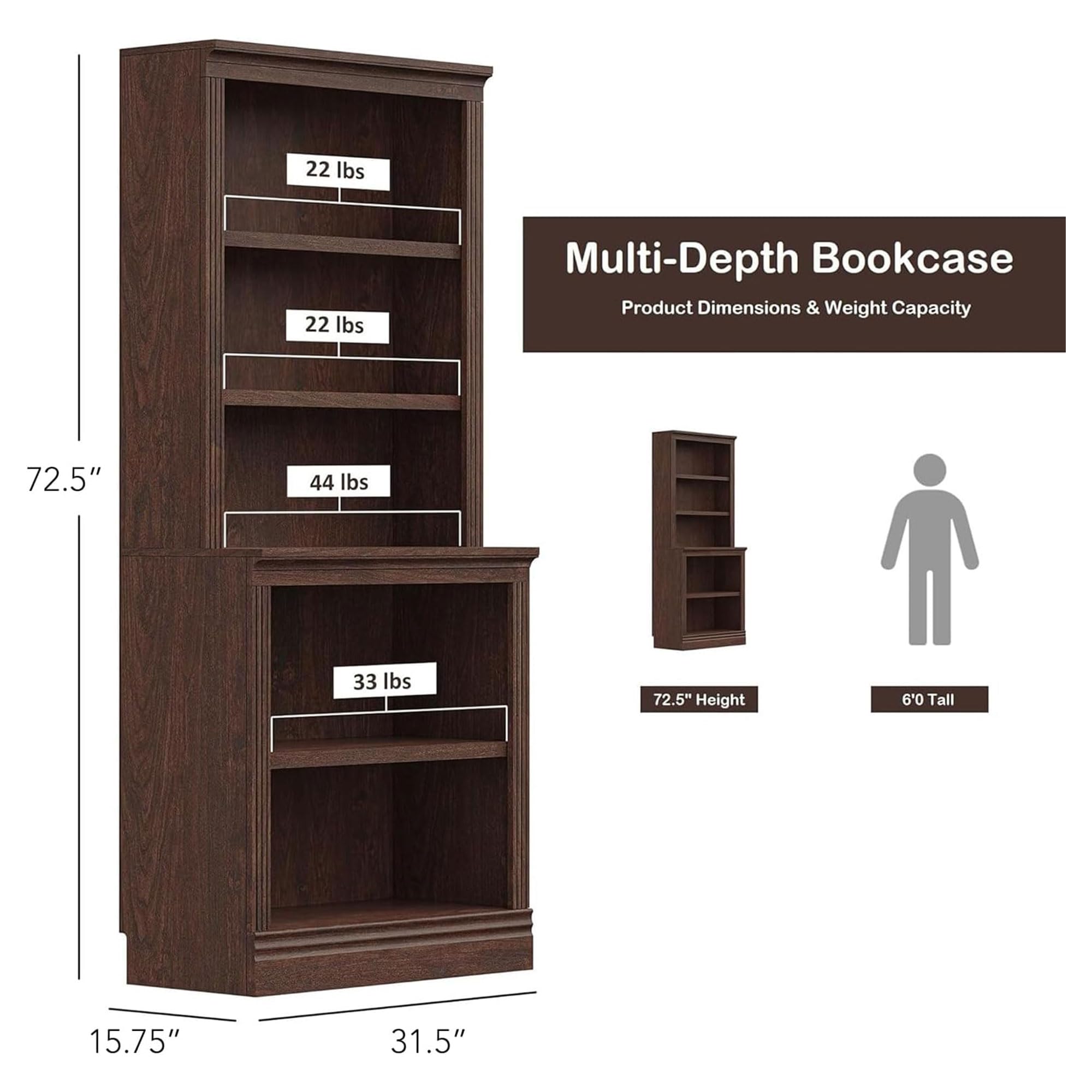JAHRSTIM Halston Bookshelf, 5-Tier Tall Deep Storage Shelf, Adjustable Open Shelving Unit Closet Organizer and Storage for Living Room Home Office Bedroom, Modular Deep Bookcase Bookshelves