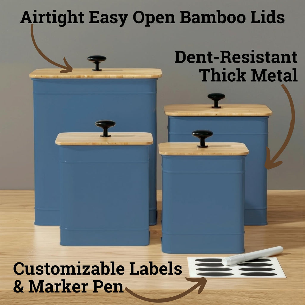 Kitchen Canisters for Countertop Set of 4 w/ Chalkboard Labels & Marker Pen | Airtight Easy Open Bamboo Lids, Dent-Resistant Thick Metal, Customizable Chalkboard Labels, Marker Pen Included, Set of 4