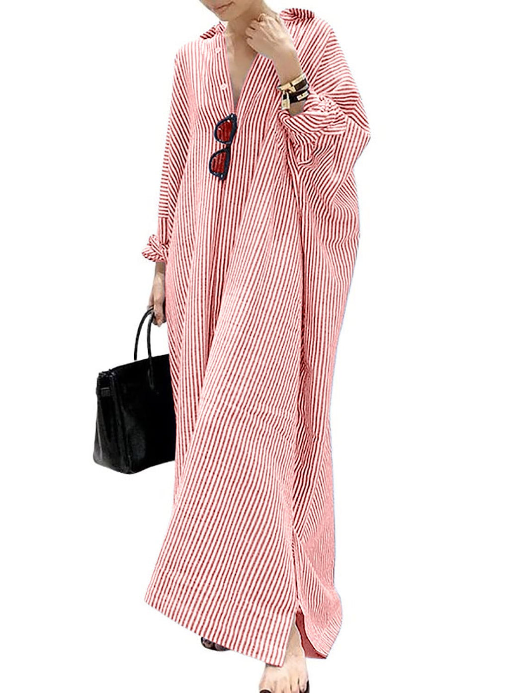 utcoco Womens Striped Long Sleeve Dress Casual Loose Button Down Cotton Maxi Shirt Dress
