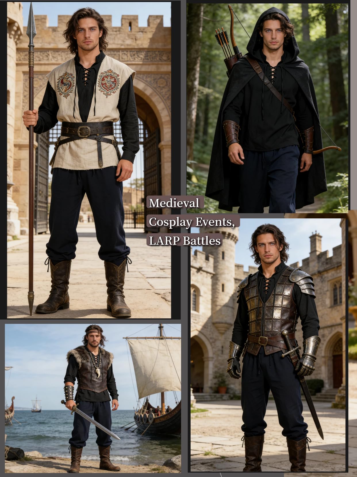 Verceco Mens Pirate Costume Outfit Renaissance Costume Men Medieval Outfit With Pirate Pants Shirts Sash Accessories (Black, Medium)