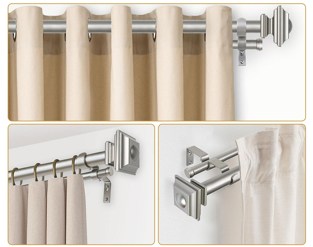 KAMANINA 1 Inch Double Curtain Rods 36 to 72 Inches (3-6 Feet) Telescoping Dark Silver Curtain Rod for Windows 24 to 68 Inches, Heavy Duty Drapery Rods with Square Finials