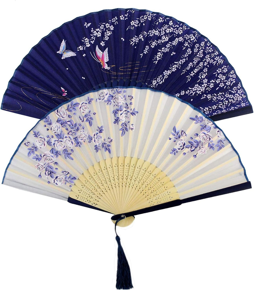 Bantoye 2 Pieces Handheld Fans, Silk Folding Fans with Bamboo Frames for Dancing Cosplay Wedding Party Props Decoration, White Blue