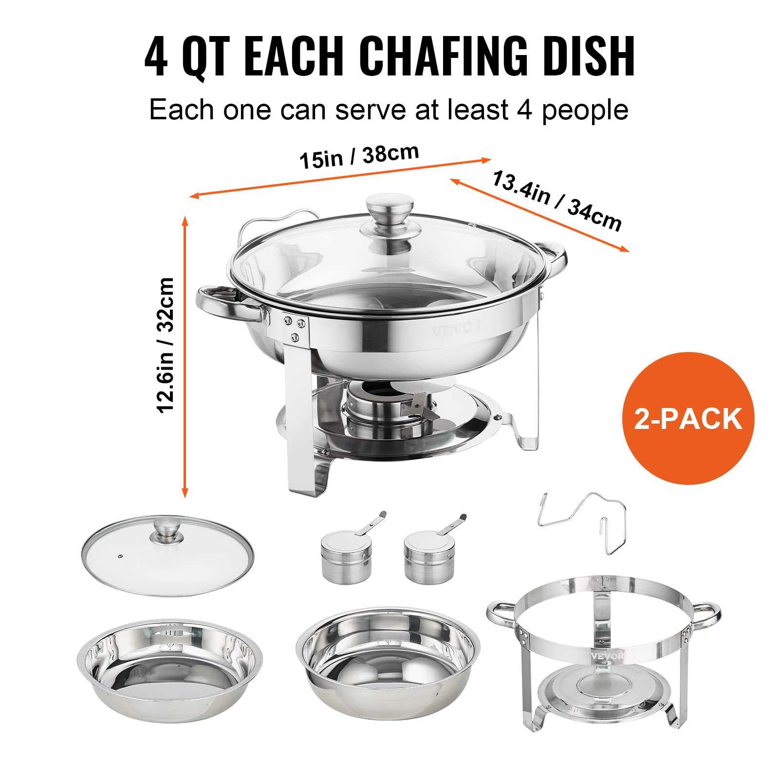 VEVOR Chafing Dish Buffet Set, 5 Qt 4 Pack, Stainless Steel Chafer with 4 Full Size Pan, Round Catering Warmer Server with Glass Lid Water Pan Folding Stand Fuel Holder, for Wedding Banquet, Gold