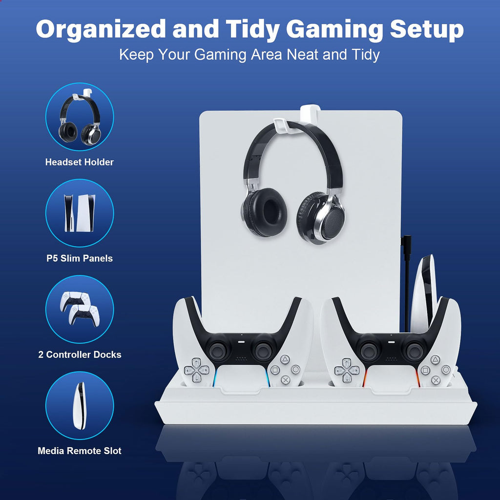 PS5 / PS5 Slim Cooling Station with Dual Controller Charging Station, PS 5 Cooling Stand for PlayStation 5 Console, Headset Holder/ PS 5 Cooling Fan/4 USB Hub All in One Accessories Organizer, Black