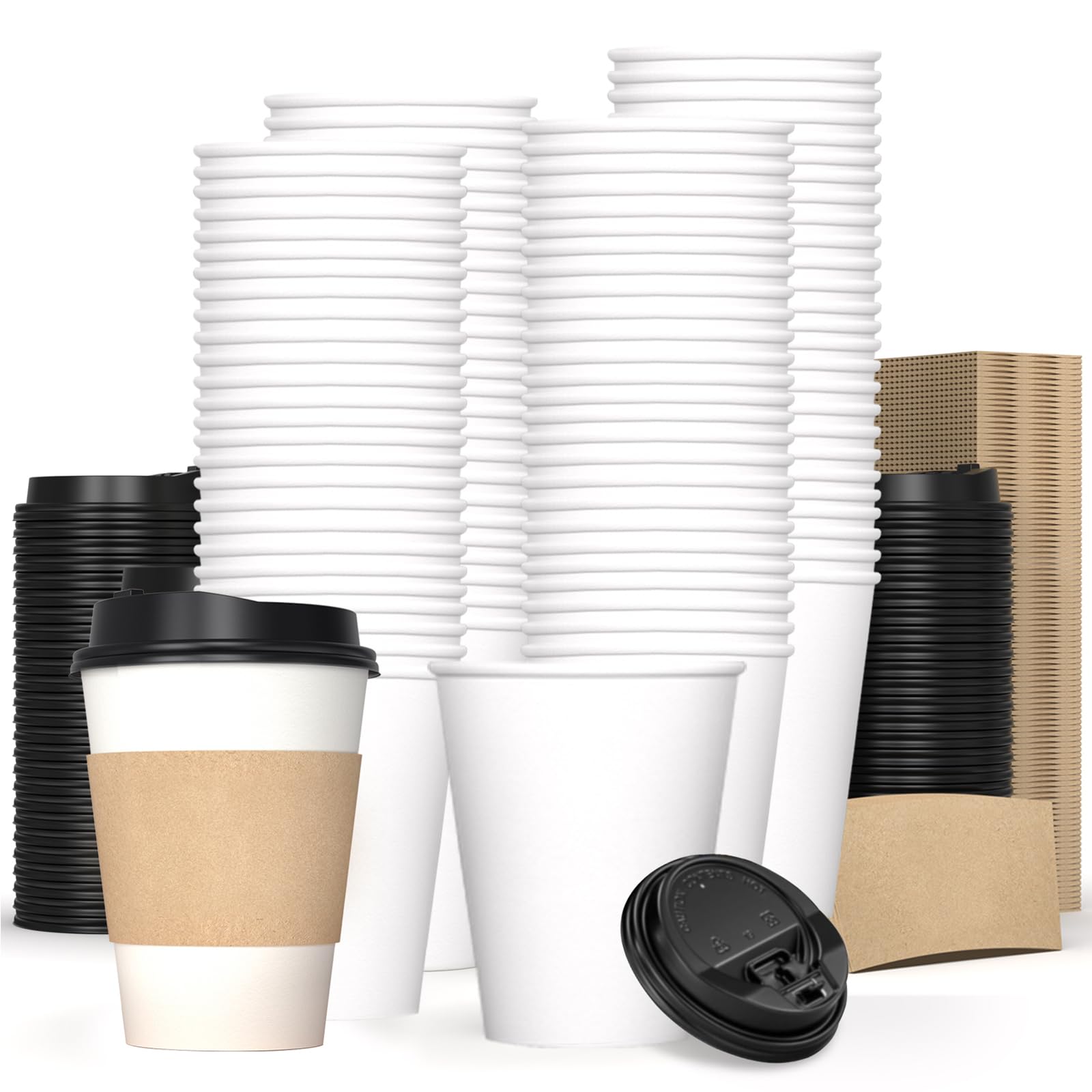 16 oz 100 Pack Corrugated Ripple Wall Disposable Coffee Cups with Lids and Straws, Heavy Duty Insulated Cups for Hot Beverage or Cold Drinks, Bulk for Restaurants, Offices, Coffee Shops(Black)