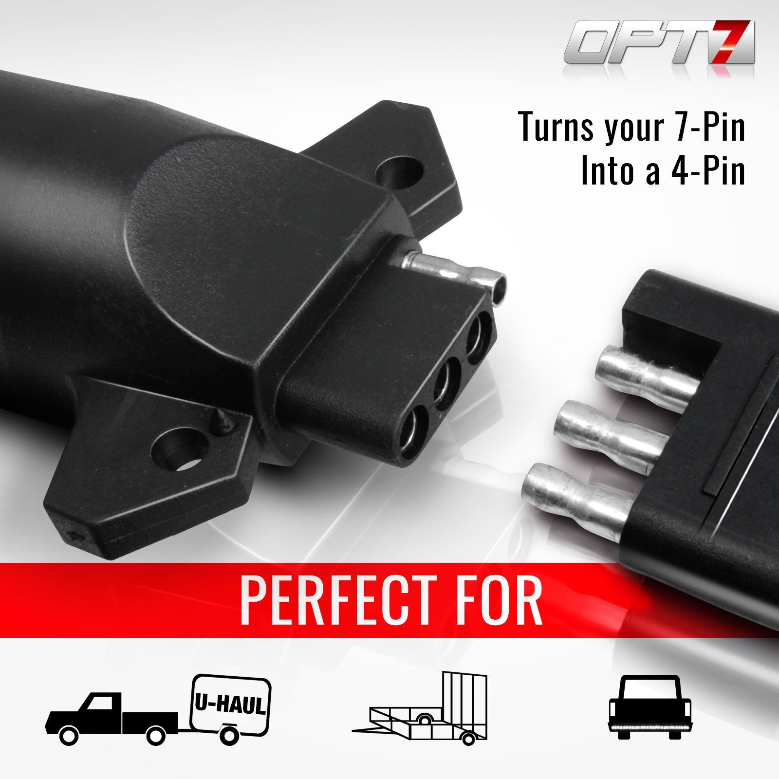 OPT7 7 Pin & 4 Pin Circuit Tester Adapter w/ 6 LED Indicators, 7 Way Blade to 4 Way Flat Trailer Connector w/Secure Tab for Pickup Truck Trailer Tow Hitch, 5.3" Long x 2.36" Diameter