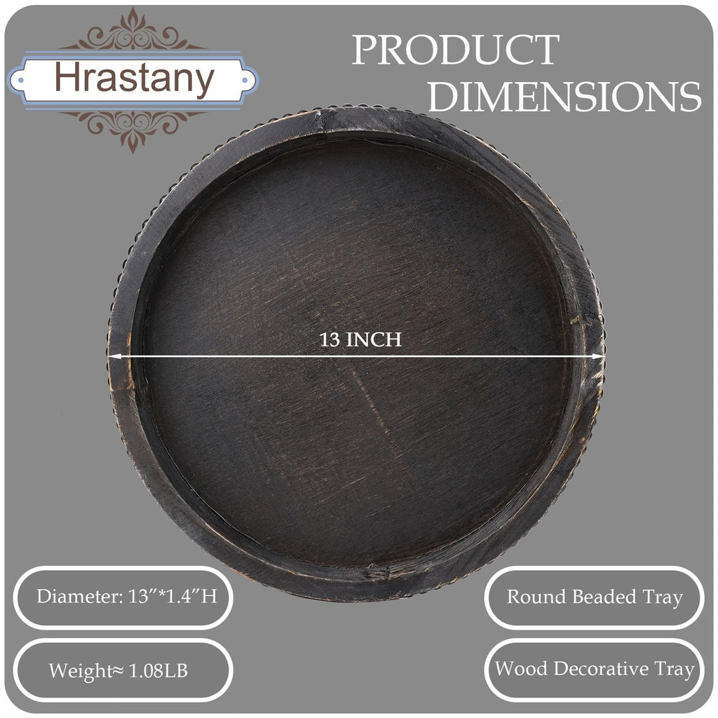 Hrastany Wood Rustic Serving Tray with Beads, Farmhouse Black Decorative Tray for Table Centerpiece, Christmas Wedding Halloween Home Decor