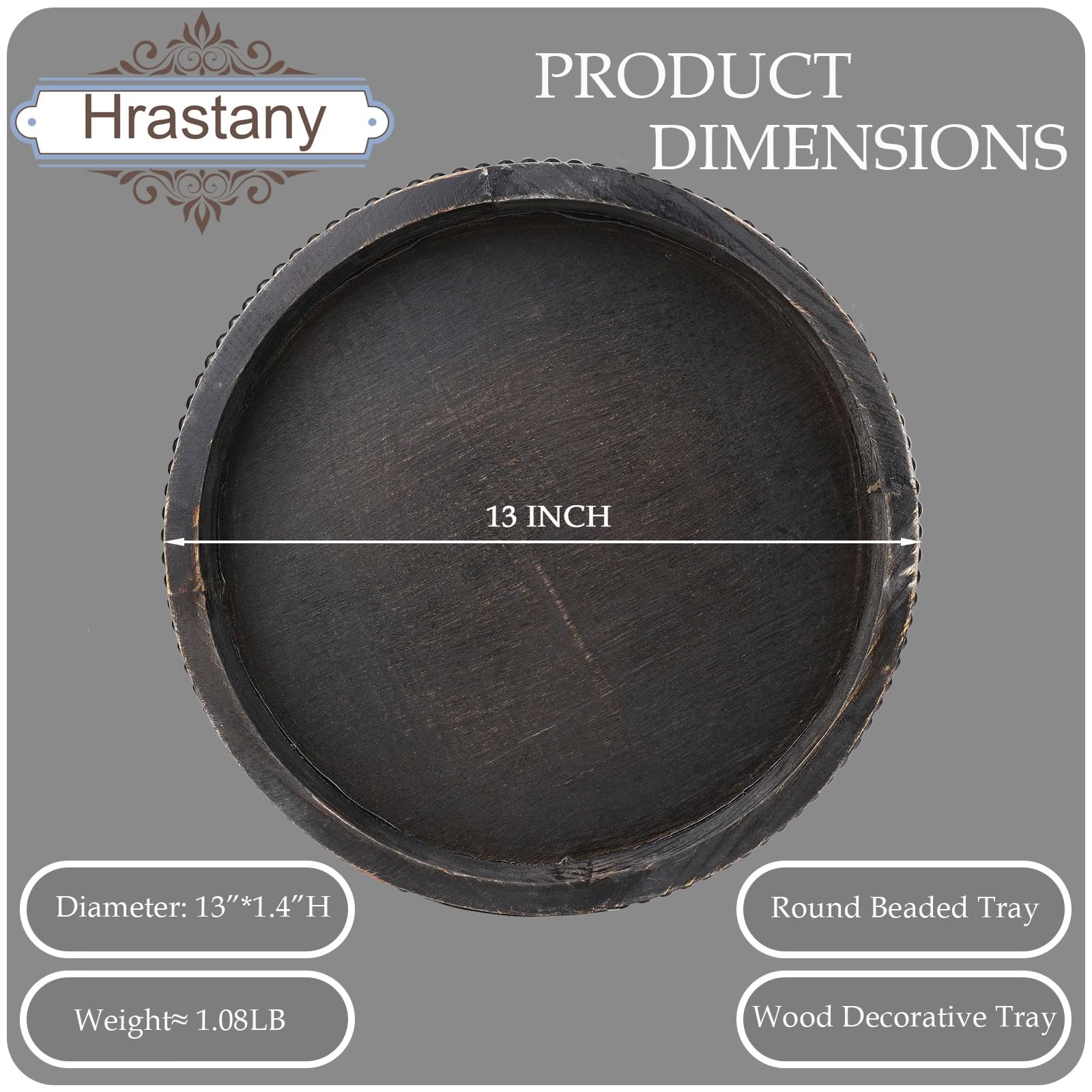 Hrastany Wood Rustic Serving Tray with Beads, Farmhouse Black Decorative Tray for Table Centerpiece, Christmas Wedding Halloween Home Decor