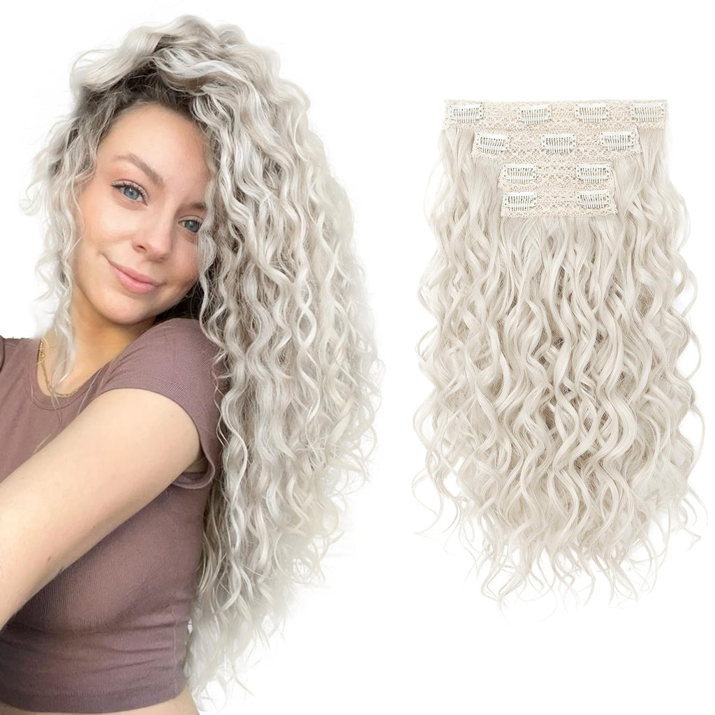 REECHO Curly Hair Extensions, 4PCS 16 inch Clip in Hair Extensions Lace Weft Short Curly Hair Extensions Clip Ins Invisible Natural Hairpieces for Women, Ash Blonde with Highlights