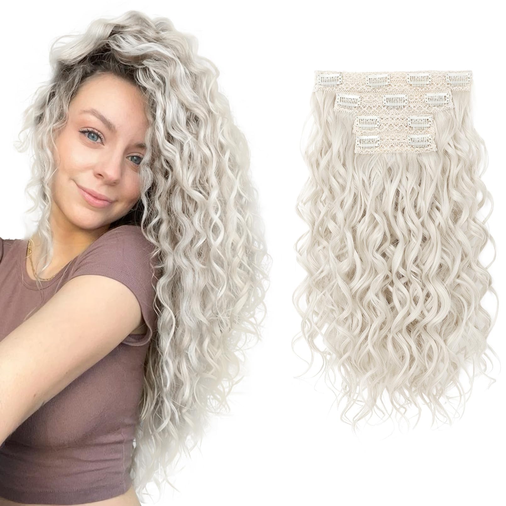 REECHO Curly Hair Extensions, 4PCS 16 inch Clip in Hair Extensions Lace Weft Short Curly Hair Extensions Clip Ins Invisible Natural Hairpieces for Women, Ash Blonde with Highlights