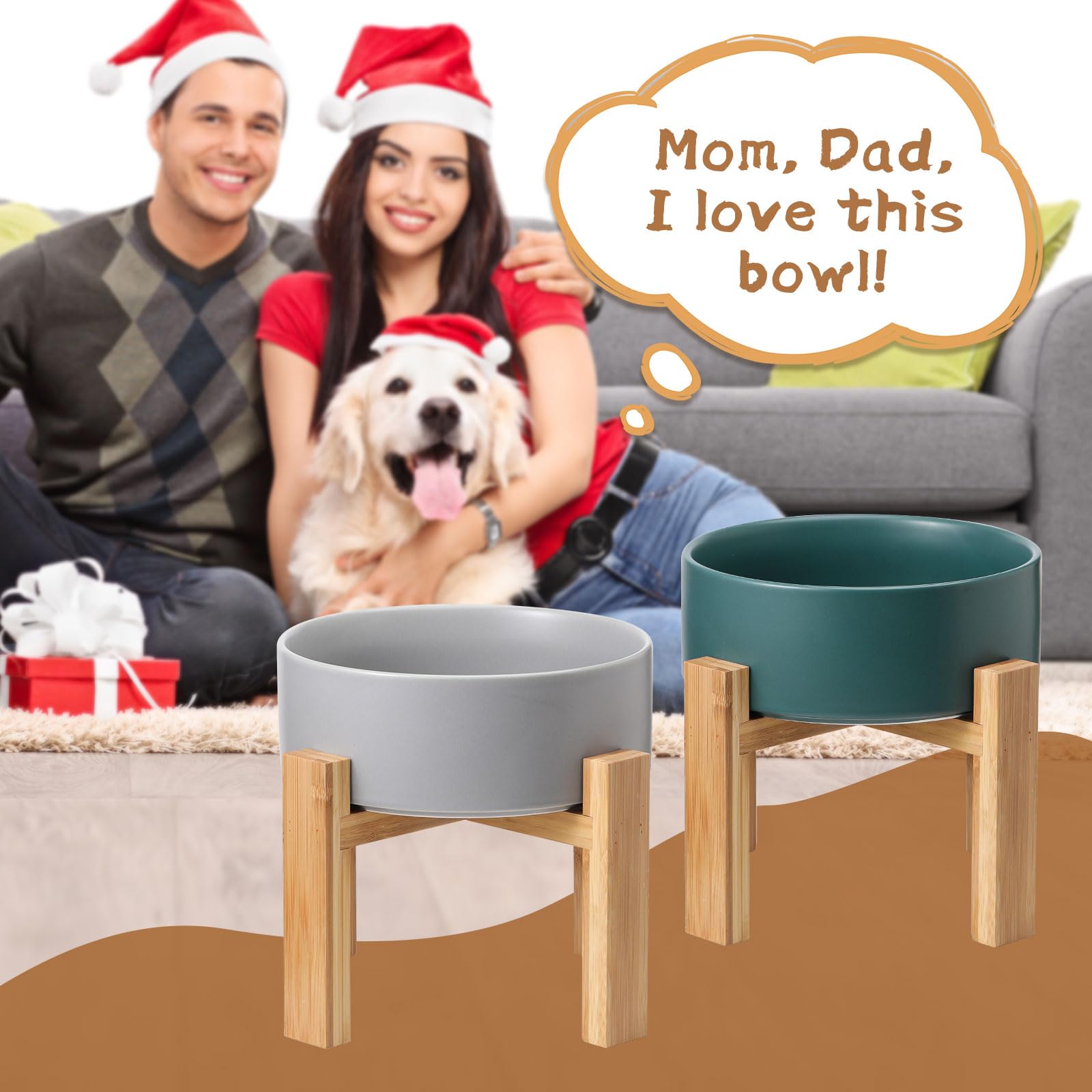 Raised Ceramic Cat Bowl - Cat Food Bowl with Bamboo Stand - Elevated Dog Food Dish for Puppies - Comfort Eating - 13.5 oz - 400 ml - Green
