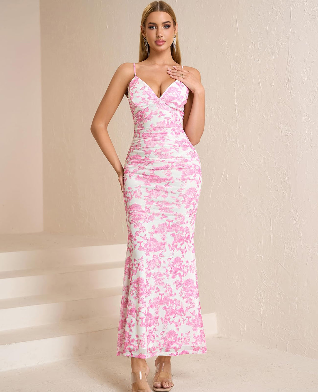 GLNEGE Women's Floral Wedding Guest Formal Maxi Dress Bodycon Spaghetti Strap V Neck Elegant Cocatail Dresses