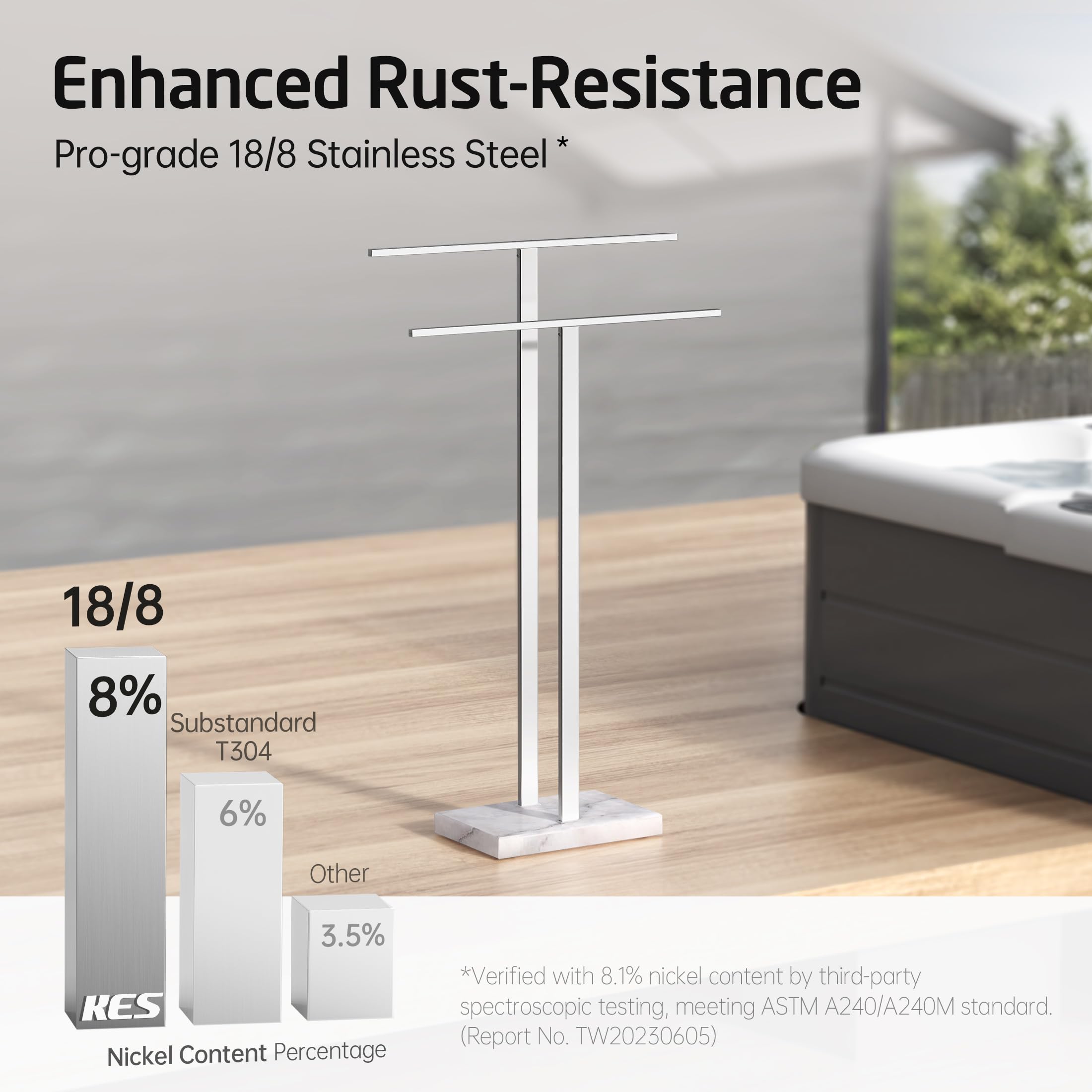 KES Standing Towel Rack with Black Natural Marble Base, 2-Tier Towel Rack Stand for Bathroom Floor, Bath Towel Holder Fits Bath Towel & Hand Towel,18/8 Stainless Steel, BTH217-BBK