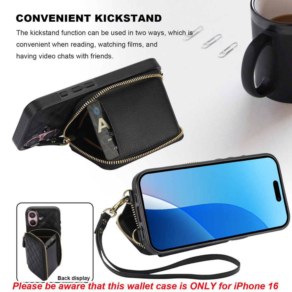 Bocasal Crossbody Wallet Case for iPhone 16, RFID Blocking PU Leather Zipper Handbag Purse Flip Cover, Kickstand Folio Case with Card Slots Holder Wrist Strap Lanyard 5G 6.1 Inch (Black)
