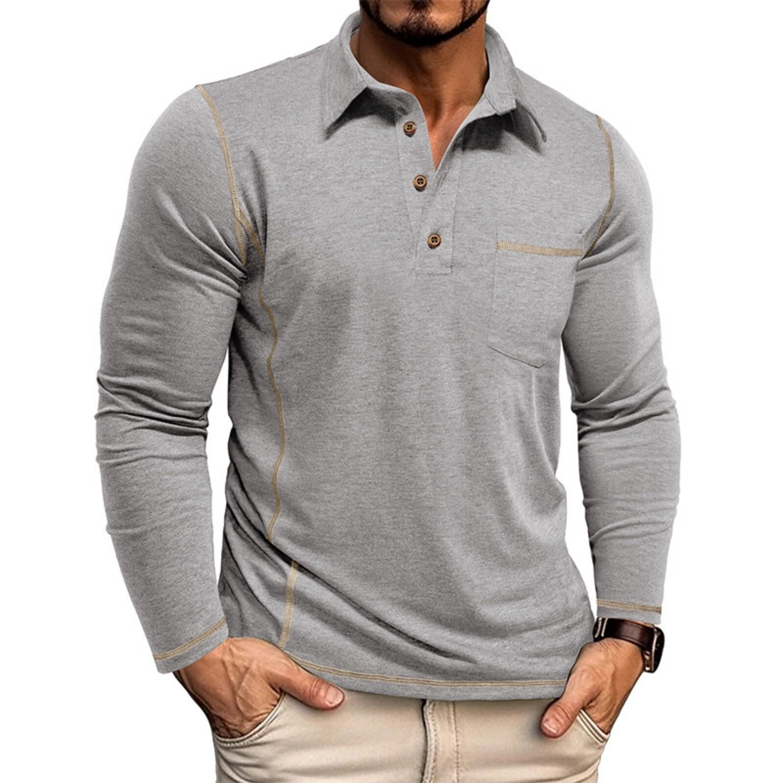 Men's Casual Long Sleeve Polo Shirts Collared Button Cotton T-Shirt Classic Stylish Golf Shirt with Pocket