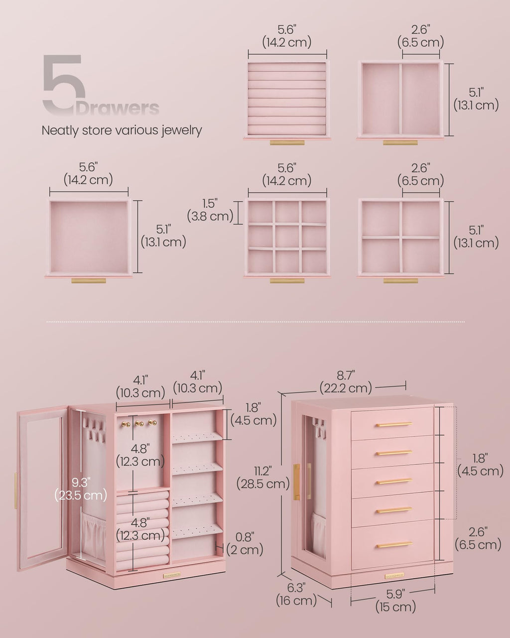 SONGMICS GISELLA Collection - Jewelry Box Organizer 360° Rotating, Vertical Jewelry Storage Case with 5 Drawers, Glass Window, Spacious, Open Design, Great Gift, Cloud White UJBC170W01
