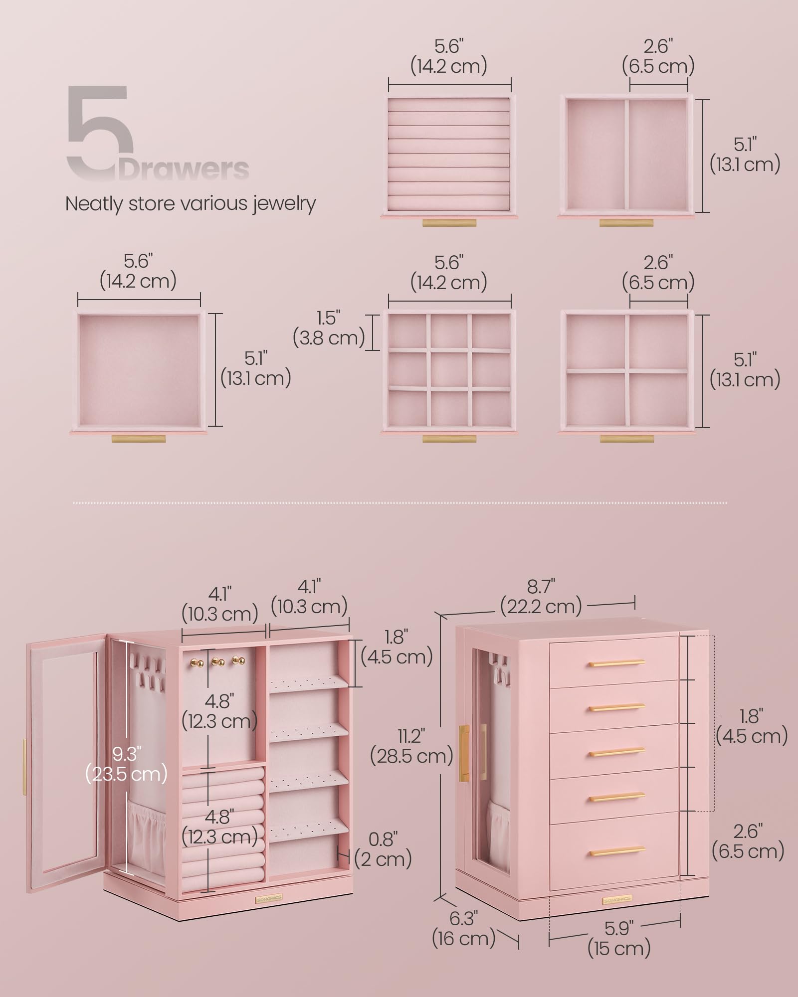 SONGMICS GISELLA Collection - Jewelry Box Organizer 360° Rotating, Vertical Jewelry Storage Case with 5 Drawers, Glass Window, Spacious, Open Design, Great Gift, Cloud White UJBC170W01
