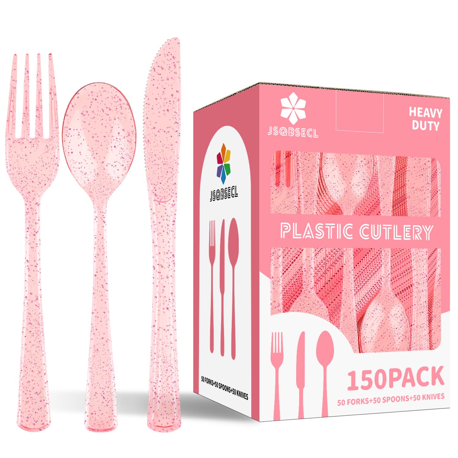 150 Pack Plastic Silverware,Disposable Cutlery Set Heavy Duty Utensil Sets 50 Forks 50 Knives 50 Spoons for Brithday, Wedding,Home School Party Picnics Restaurant Outdoor Events (Black)
