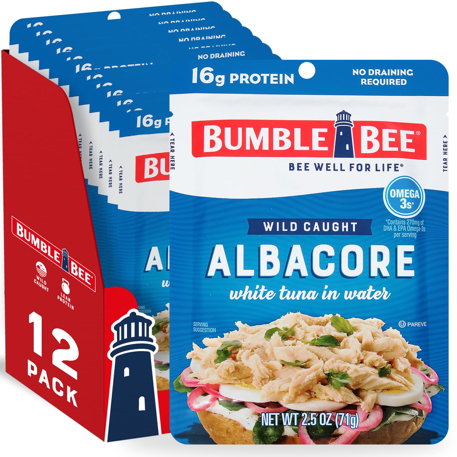 Bumble Bee Lemon & Garlic Seasoned White Albacore Tuna in Water, 2.5 oz Pouch - Wild Caught Tuna - 15g Protein per Serving, High in Omega-3s - Non-GMO, Gluten Free - No Draining Required
