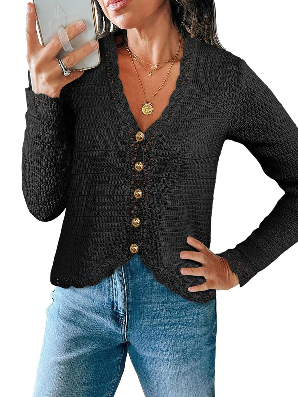 Saodimallsu Womens V Neck Cardigan Sweaters Button Up Cropped Boho Knit Long Sleeve Loose Trendy Sweater Tops